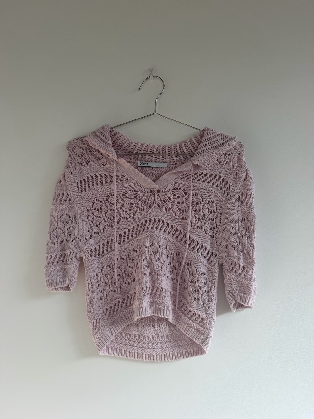 Zara Light Pink Crochet Knit Short-Sleeve Sweater